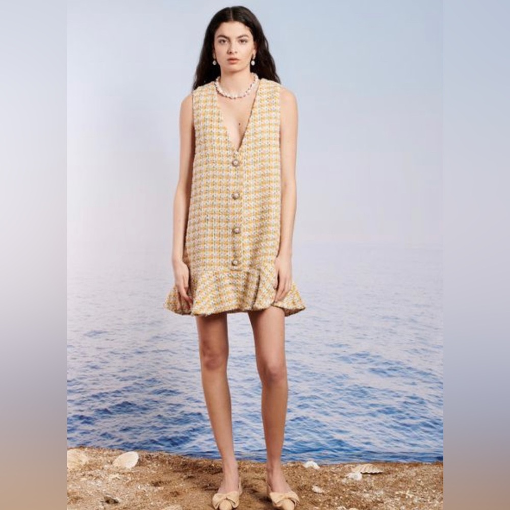 Tweed Yellow Flutter Hem Dress